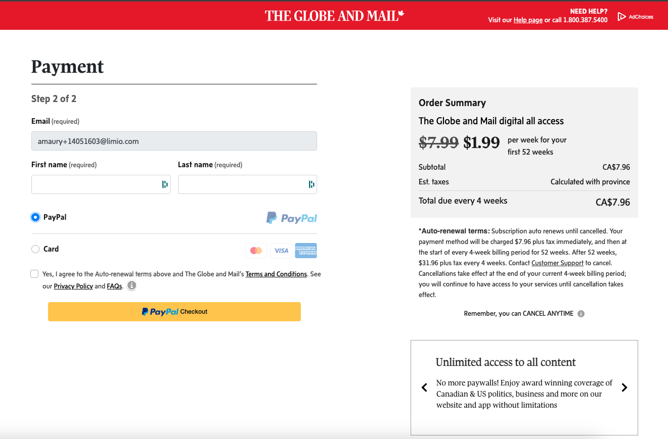 A live subscription checkout with an order summary, an auto-renewal terms block setting out the charge schedule and how to cancel, and a required checkbox agreeing to those terms